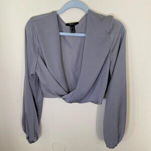 Forever 21 Dusty Blue Twist Front Long Sleeve Cropped Blouse